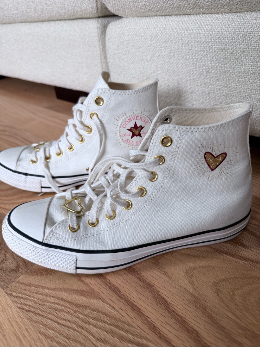 Converse Size 10 White High-Top Sneakers with Gold Accents and Heart Detail